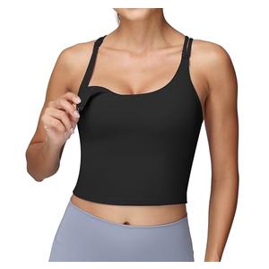 Foucome Nursing Tank Tops for Breastfeeding Longline Nursing Sports Bra Cross Back Workout Crop Top with Built in Bra Black, Small