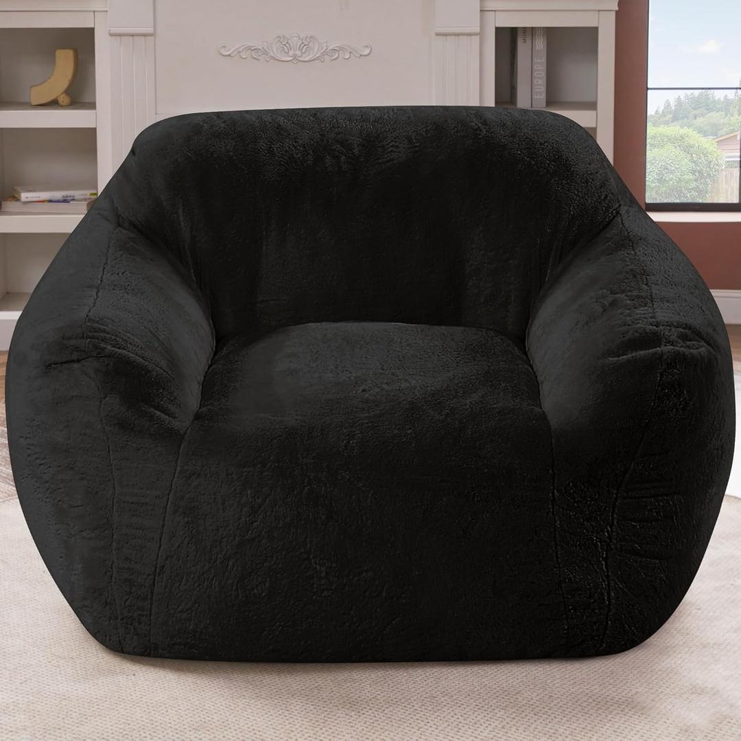 Giant Bean Bag Chair for Adults, Large Memory Foam BeanBag Chairs, Oversized Bean Bag Sofa with Filler, Faux Fur Big Reading Chair Comfy Floor Sofa Chair (Black) (Single)