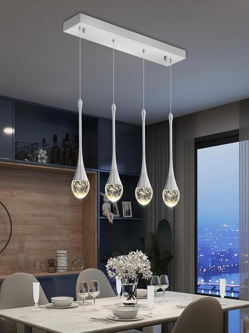 ykolupty Dining Room Light Fixture 4-Light Silver Kitchen Island Lighting Industrial Linear Crystal Chandeliers for Dining Room Pendant Light Fixture for Living Room Hallway Bedroom, Rectangle 4-Lights