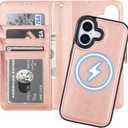 Bocasal for iPhone 17 Wallet Case Compatible with MagSafe Wireless Charging, RFID Blocking Magnetic Leather Case with Card Slots Holder Kickstand Detachable Wrist Strap 6.3 Inch (Rose Gold)