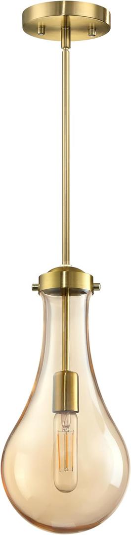 2 Pack Modern Farmhouse Hanging Kitchen Island 6.5 Inch Amber Glass Shade Pendant Ceiling Light Fixture,Brushed Bronze Finish for Over Sink Dining Room Bedside