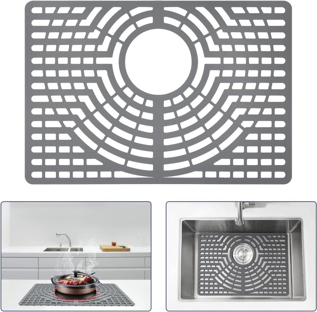 Silicone Sink Protector 19"x13" Rear Drain Hole, Heat Resistant Non-slip Dishwasher Suitable, Sink Mat for Bottom of Farmhouse Kitchen Stainless Steel Sinks(Grey)