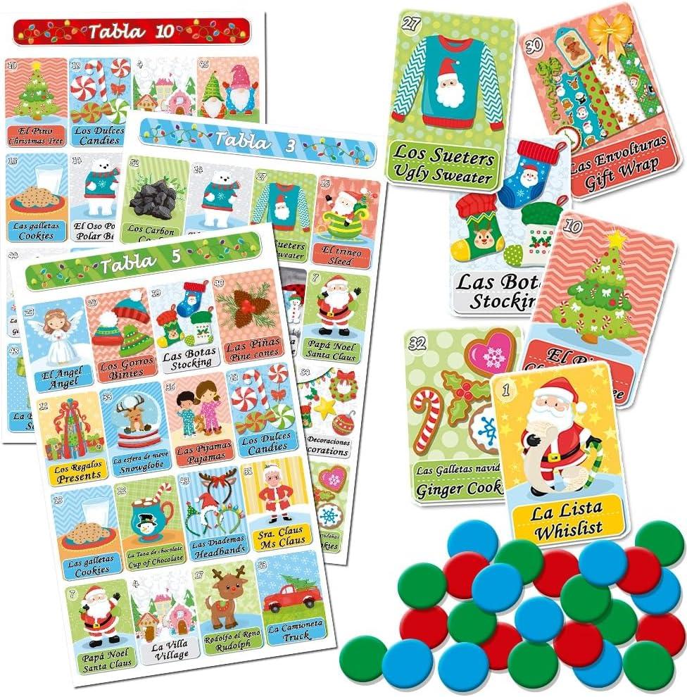 Bilingual Christmas Loteria Fiesta Game in English and Spanish, Mexican Bingo for up to 20 Players - 20 Boards, Full Deck of Cards and Chips, Theme Xmas