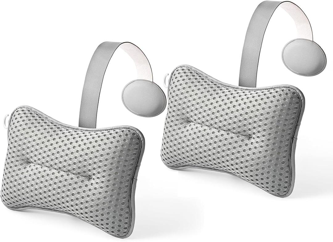 2-Pack Large Pillow for Hot Tub (Grey), Spa, and Chaise Lounge - Universal Headrest & Neck Support Cushion, Adjustable Height with Long Strap, Easy Drying with Hook (2-Pack)