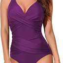 Smismivo Tummy Control Swimsuits for Women Slimming One Piece Bathing Suit Retro Ruched Push Up Vintage Padded Swimwear (Small, Purple)