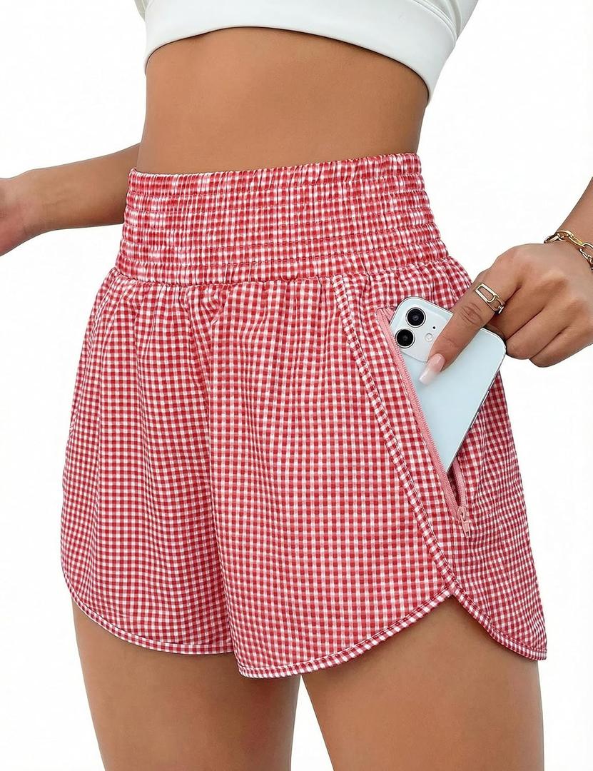 BMJL Women's Athletic Shorts High Waisted Running Short Pocket 2.5" Sporty Shorts Gym Workout Shorts (X-Large, Red Plaid)