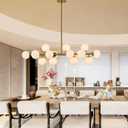 XILICON Linear Chandeliers Modern Brushed Brass Chandeliers for Dining Room 16-Lights and White Glass Pendant Lighting Mid Century Globe Dining Light Fixture for Living Room Kitchen