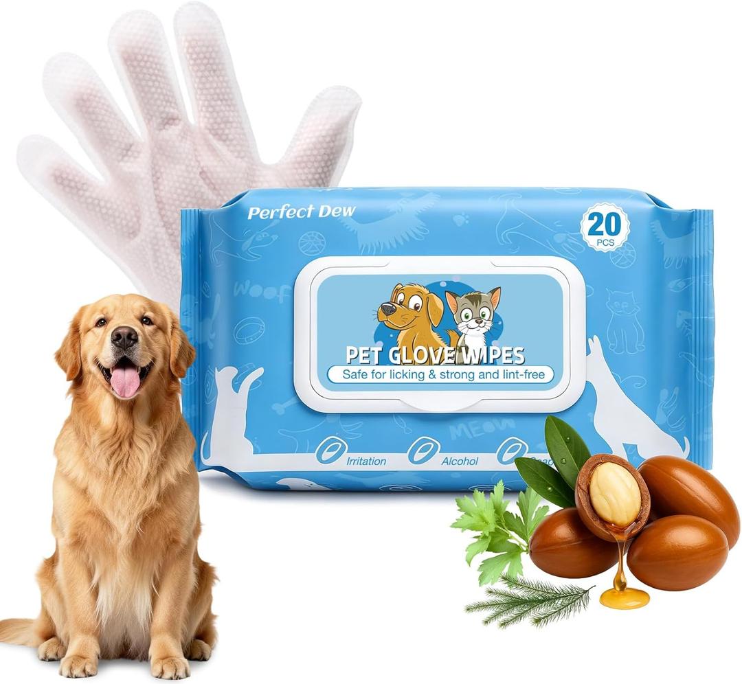 3 x Pet Glove Wipes for Dogs and Cats, Rinse-Free Dog Grooming Wipes, Fragrance-free Hypoallergenic Deodorizing Wipes, Ultra-Thick, For Pets Cleaning, Post-Operative Care, Daily Grooming and Travel 20 PCS