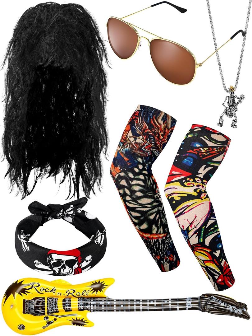 Mepase 9 Pcs Rocker Costume Set for Party Men Women Punk Disco Costume Accessories 70s 80s 90s Rock and Roll Party Supplies