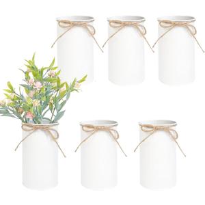 6" High Farmhouse Vases for Centerpiece, Rustic Mason Jars with Twine Bow for Flowers, Vintage Galvanized Metal Vase Tin Bucket for Wedding Home Decor (White, 6Pcs)