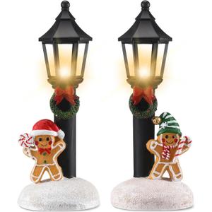 2 Pcs Christmas Lighted Table Decor 10" Resin Figurine Table Centerpiece with Light up Streetlights Battery Operated Xmas Mini Street Statue Glow for Home Fireplace Shelf(Black Streetlight)