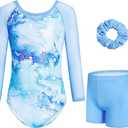 Gogokids Gymnastics Leotards for Girls Sparkly Marble Mesh 3/4 Sleeve Ballet Dance Unitards Biketards with Shorts for 7-8Y