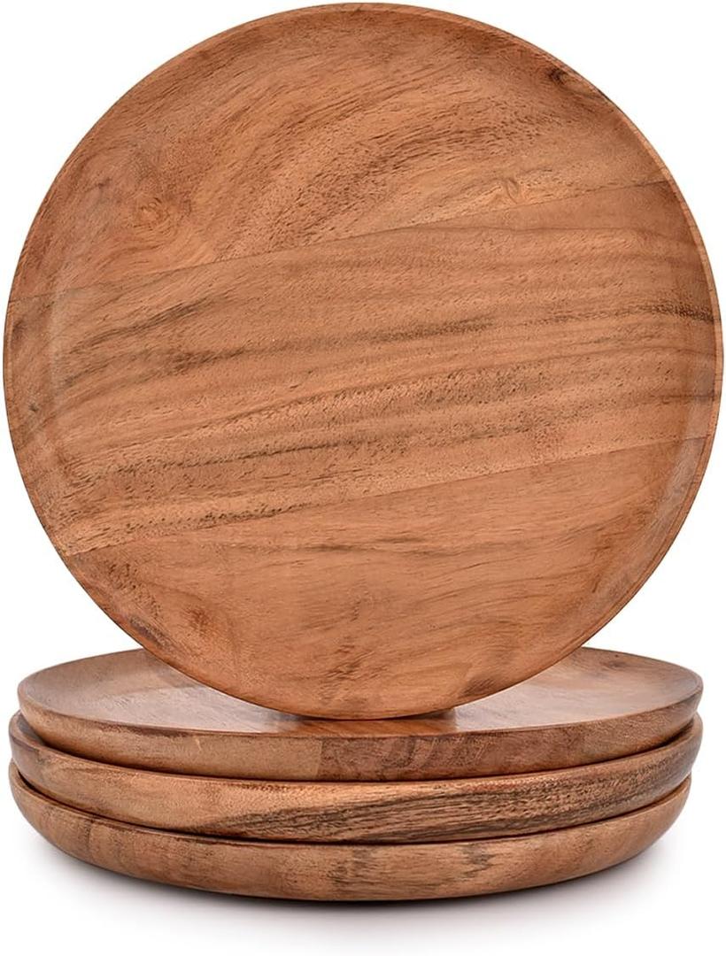 NIRMAN Acacia Wood Dinner Plates Set of 4 for Dishes Snack, Dessert Natural Wood Plates Serving Dinnerware Plate for Dinner (8" x 8" x 0.75")