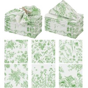 Kochorie 24 Pieces Green Floral Cloth Napkins, 18 x 18 Inch Reusable Soft Fabric Napkins, Washable Flower Dinner Cocktail Napkin for Spring Summer Tea Party Holiday Home Kitchen Wedding Restaurant