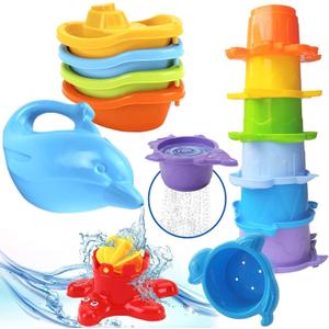 uToyz Bath Toys for Toddlers – Toddler Toys with 12pcs Rainbow Stacking Cups, Boats, & Dolphin-shaped Baby Watering Can, Baby Bath Gift & Toddler Toy for One Year Old Girl Gifts, Water Toy for Ages 1+