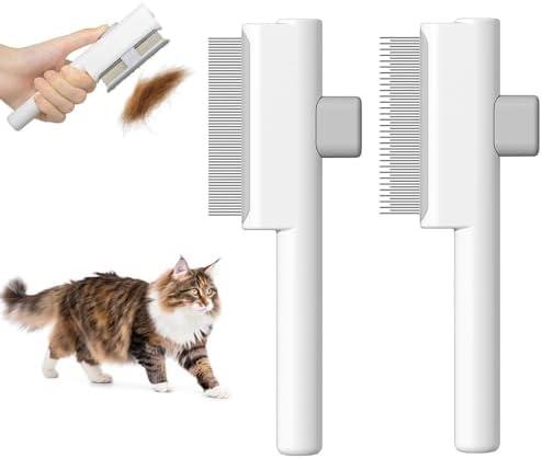 Marchul 2 Pcs Pet Comb Flea Comb Set for Cats Dogs, Cat Grooming Brush with Release Button and Stainless Steel Round Teeth, Self-Cleaning Dog Combs for Removing Pet Hair, Knots & Loose Fur, White