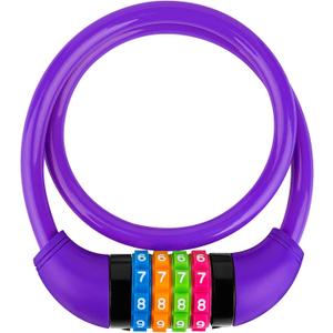 Bike Lock Cable, Bicycle Cable Lock with 4 Digit Combination & Large Lock Head, Resettable Kids Bike Cable Lock, 2 Ft x 1/2 IN, Lock for Bike, Scooter, Skateboard, motorcycle, E Bike (Purple)