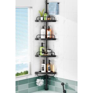 HAMITOR Corner Shower Caddy Tension Pole: 4 Tier Shampoo Storage Organizer for Inside Shower - Telescoping Rod Shower Rack for Bathroom and Bathtub - Restroom Floor Standing Bath Rack Holder Black