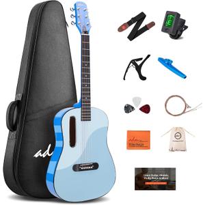 ADM Acoustic Guitar Kits for Beginners Adults - 38" Steel-String Guitars Bundle with Online Lesson Wooden Bowl Guitarra Starter Set Package with Bag, Strap, Picks, Capos, Kazoo, Blue