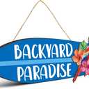 Wooden Backyard Paradise Sign Surfboard Wall Hanging Sign Wooden Hanging Decorative Art for Yard Garage Bar Tiki Wall Home Party Summer Decor Gift, 5 x 16 Inches