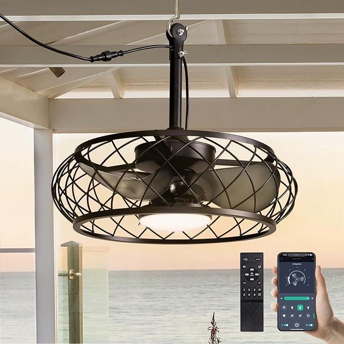 CROSSIO 20'' Outdoor Ceiling Fan with Lights Remote Control, Outdoor Ceiling Fans with Hanging Hook, Dimmable Caged Industrial Chandelier with Fan, Fandelier for Gazebo Patio Pergola, Black