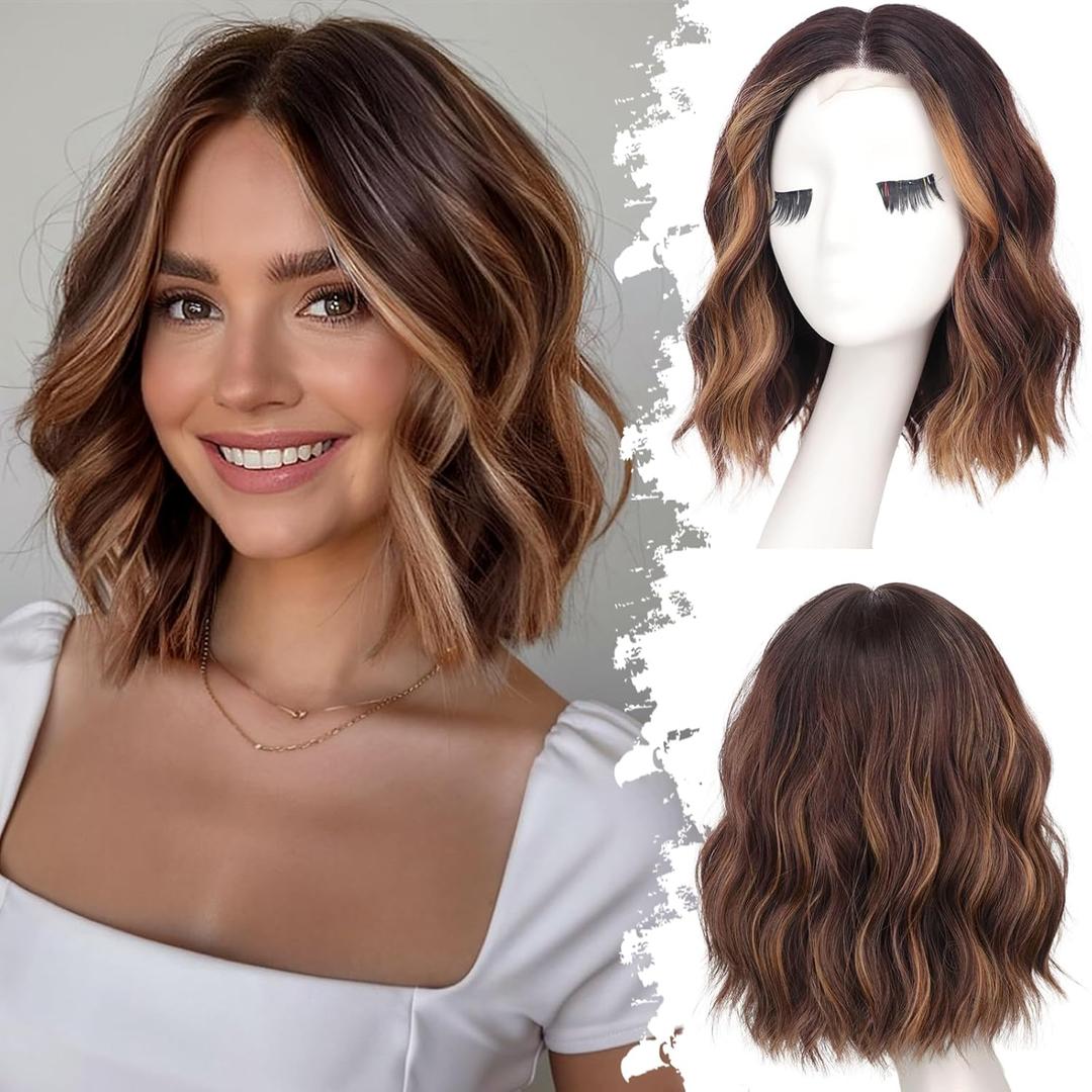 Brown Highlight Short Wavy Wig for Women Lace Hairline Bob Style Synthetic Heat Resistant - Natural Appearance for Everyday Hairstyle 12 Inch Brown Highlight Short Wavy Wig for Women Lace Hairline Bob Style Synthetic Heat Resistant - Natural Appearance for Everyday Hairstyle 12 Inch