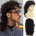 Brown Curly Mullet Wigs for Men 80s Long Curly Hippie Rocking Party Cosplay Costume Anime Hair Wig