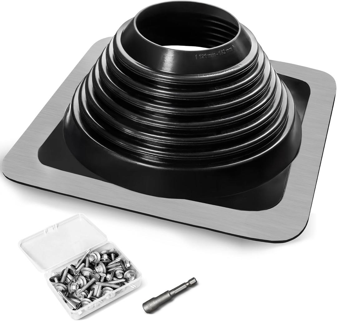 #6 Epdm Metal Roof Vent Boot, Flexible Roofing Boots Fits Pipe Od 4 3/4'' to 10'', Metal Roof Jacks Flashing for Houses Includ Roofing Screws & Hex, Black/ 1 Pcs