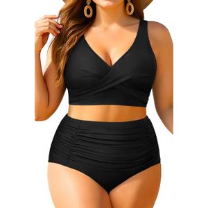 Aqua Eve Women Plus Size Two Piece Swimsuit High Waisted Bikini Set Tummy Control Bathing Suit Black, 12W