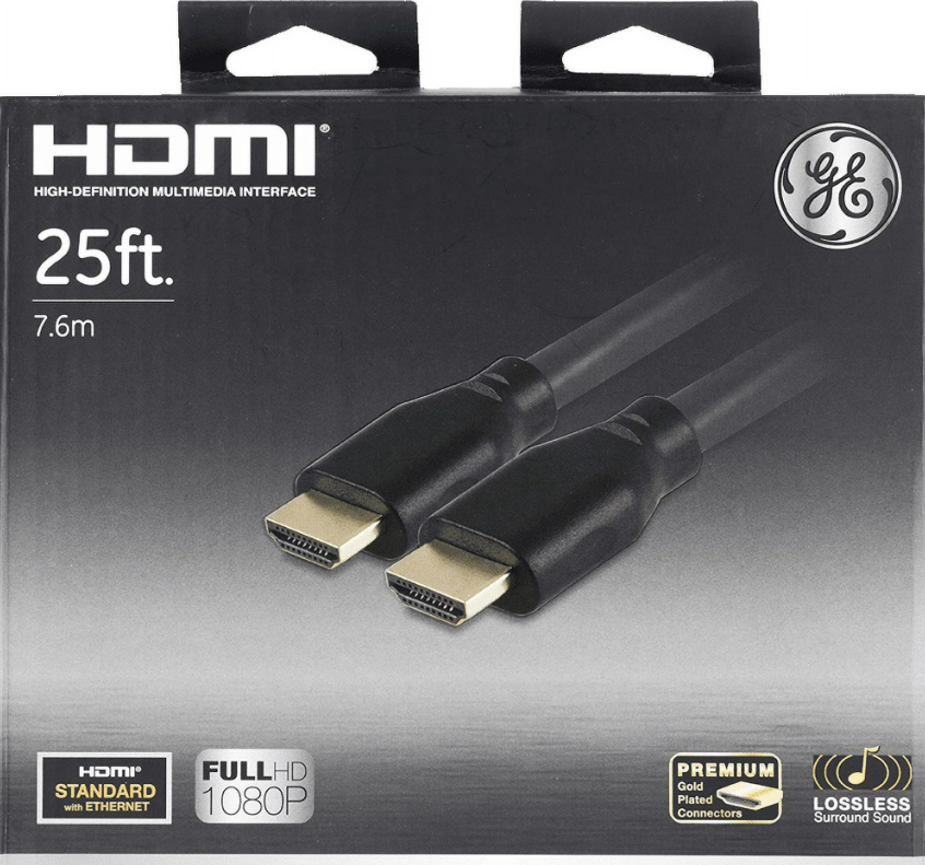 GE 25ft 4K HDMI 2.0 Cable with Ethernet, Gold-Plated Connectors, Black