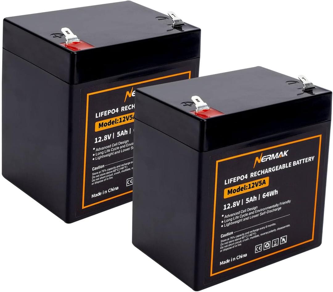 NERMAK 12V 5Ah LiFePO4 Deep Cycle Battery 2 Pack, 2000+ Cycles Lithium Iron Phosphate Rechargeable Battery for Solar Power,Lighting, Power Wheels, Fish Finder and More, Built-in 6A BMS