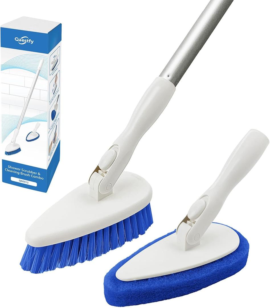 Qaestfy Shower Bathtub Tub Tile Scrubber Cleaning Brush with 51'' Handle, 1 Non-Scratch Scouring Pads, Adjustable Long Handled Scrub Brush for Cleaning Shower Bathroom Vessel Sinks Toilet Wall Floor
