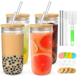 3 Pack Glass Cups Set - 24oz Mason Jar with Bamboo Lids and Glass Straw & 12 Airtight Lids, Brush - Glass Drinking Cups, Reusable Travel Tumbler Bottle for Iced Coffee, Smoothie, Bubble Tea, Gift (Style2)