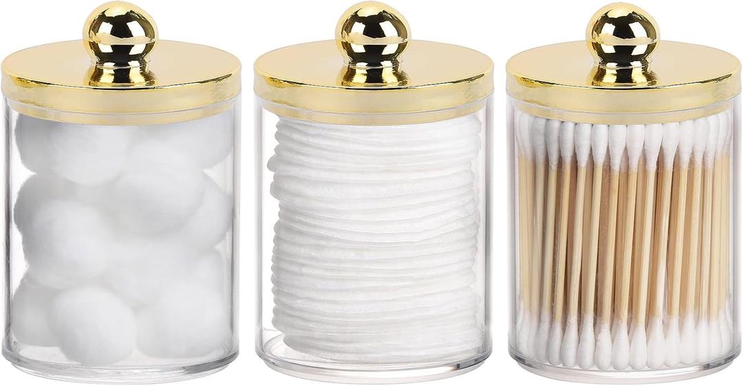 Tbestmax 10oz Qtips Holder - Plastic Apothecary Jar with Gold Lids for Cotton Swab, Cotton Round Pads, Floss - Gold