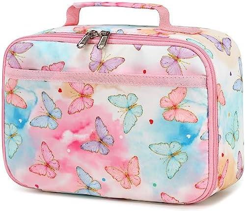 LEDAOU Lunch Bag Kids Insulated Lunch Box Girls Insulated Reusable Lunch Bag for School Picnic Hiking Work(Butterflies 14 Pink)