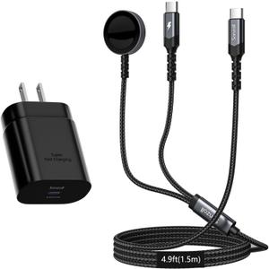 2 in 1 Samsung Watch Charger, 25W USB C Fast Charger with 5FT Charger Cable Compatible for Galaxy Watch Ultra 7/6/6 Classic/5 Pro/5/4 /3/Active2/1 and Galaxy S25/S24/S23/S22/S21/S20/S10/Note 10/9/8