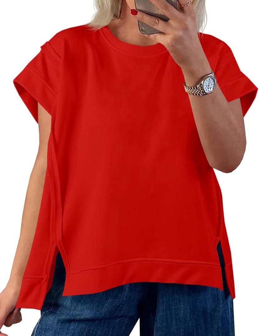 Tankaneo Womens Oversized Short Cap Sleeve T-Shirts Crew Neck Side Slit Tops Summer Casual Loose Fit Tees Tunic Shirts (Large, Red)