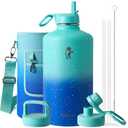 Coolflask 128 oz Gallon Water Bottle Insulated with Straw&3 Lids, Water Jug Large Stainless Steel Metal Vacuum Wide Mouth for Sports, Gym or Office, Non-BPA Keep Cold 48H Hot 24H, Glacier Blue