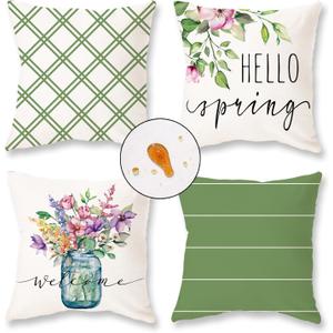 ONWAY Spring Pillow Covers 18x18 Set of 4 Floral Waterproof Farmhouse Decorations Outdoor Green Patio Throw Cushion Case for Sofa Couch Home Decor
