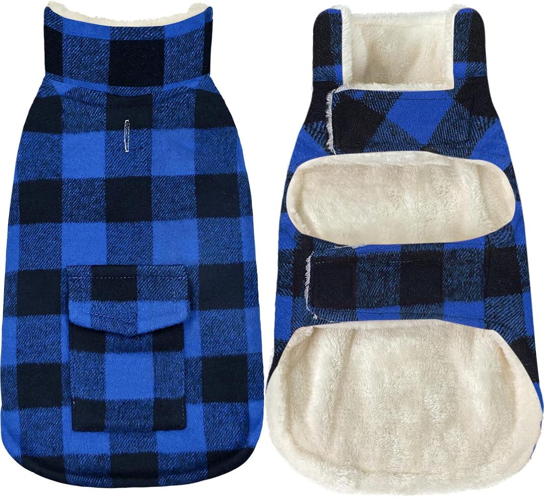 Malier Classic Plaid Fleece Dog Jacket with Pocket - Windproof Warm Coat Vest for Small to Large Dogs (Blue, Large)