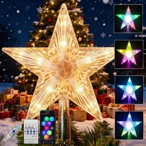 Christmas Tree Topper Star with 10 RGB LEDs, 9" Lighted Clear Star, App & Remote Control, Timer, USB Powered, Music Sync, Color Changing Treetop for Xmas New Year Holiday Tree Decoration