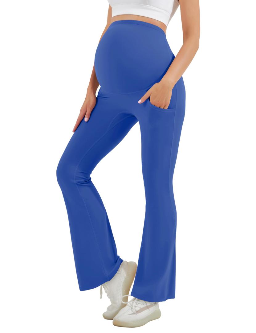 HEGALY Women's Maternity Flare Leggings Over The Belly - Casual Pregnancy Yoga Pants with Pockets Buttery Soft Royal Blue