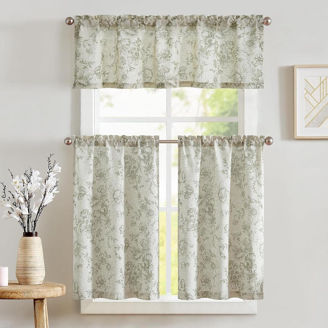 jinchan Floral Kitchen Curtains Set Linen Tier Curtains and Valance Farmhouse Drapes for Small Windows 36 Inch Length for Cafe Living Room Bathroom Rod Pocket 3 Pieces Set Brick Red on Linen, 26"W x 36"L