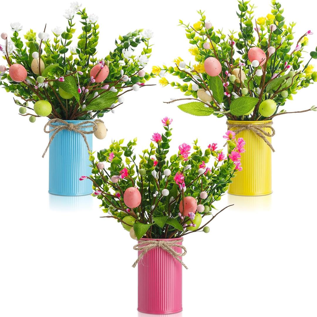 Riceshoot 3 Set Easter Table Centerpiece Artificial Egg Picks with Metal Pots Easter Sprays with Eggs Berries Eucalyptus Flowers Plants for Spring Home Decor(Blue, Pink, Yellow)