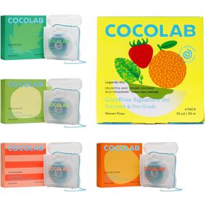 Cocofloss Woven Dental Floss, Dentist-Designed Oral Care, Waxed, Vegan, Kid-Friendly, with Coconut Oil, 4-Pack of Mint, Coconut, Orange, Strawberry (33 yard Each)