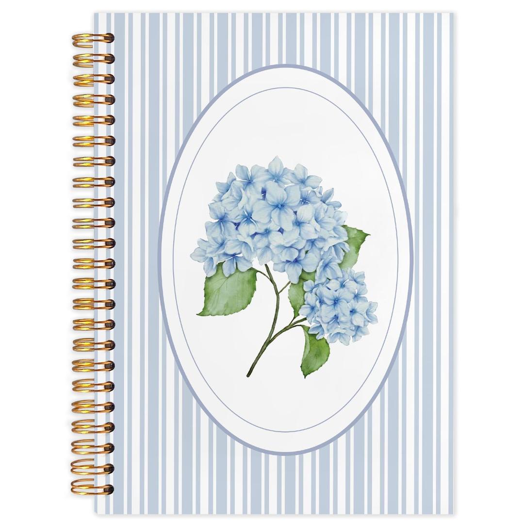 WUCHJ Blue Hydrangea Floral Notebook, Retro Cottagecore Flower Journal, Blue Striped Preppy Aesthetic Notebook Journal for Note Taking, Hydrangea Gifts, 5.5x8.3 Inch