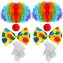 jiebor 2Pack Clown Costume Set Rainbow Clown Wig Nose Accessories Bow Tie White Gloves for Halloween Parties Carnivals Pretend Play Men Women Adults (Multicoloured)