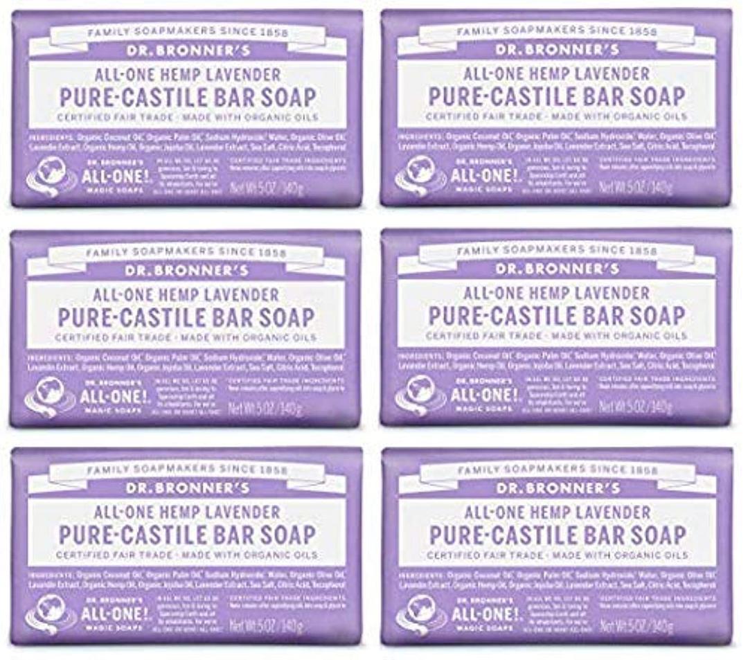 Dr. Bronner's Pure-Castile Bar Soap - Lavender, 5 Oz (6 Pack)
