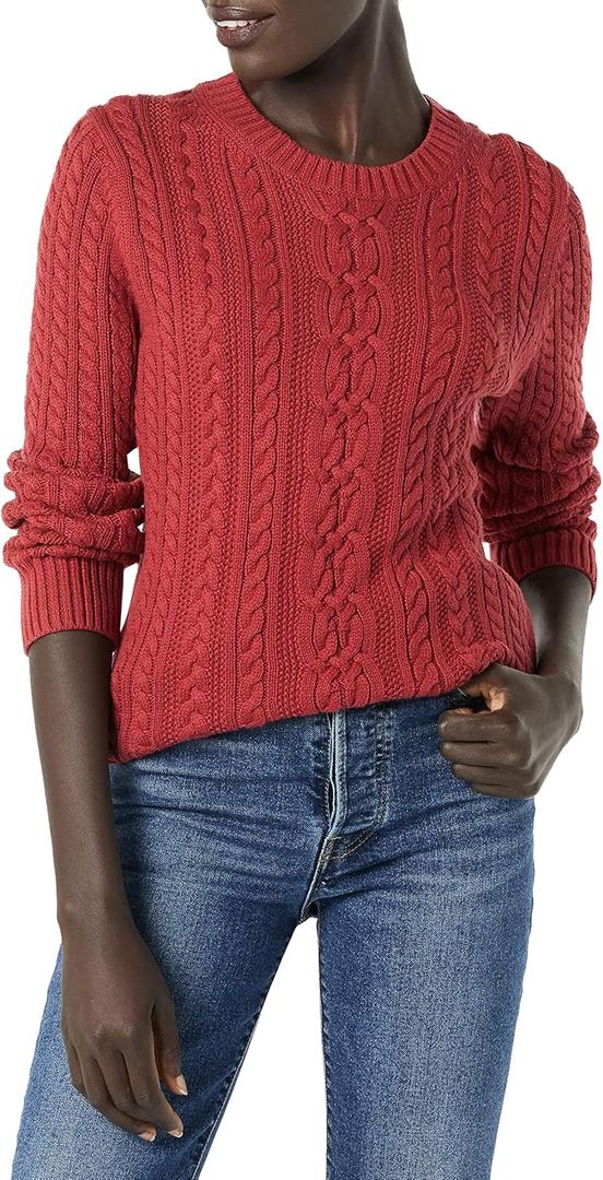 Amazon Essentials Women's Soft Fisherman Cable Knit Long-Sleeve Crewneck Sweater (Medium, Dark Red)