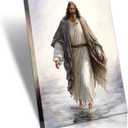 Framed Jesus Wall Art Decor Walking In The Water Canvas Christian Religious Jesus Canvas Wall Decoration Bible Picture Poster Printing Living Room Painting Bedroom Church Ready To Hang.